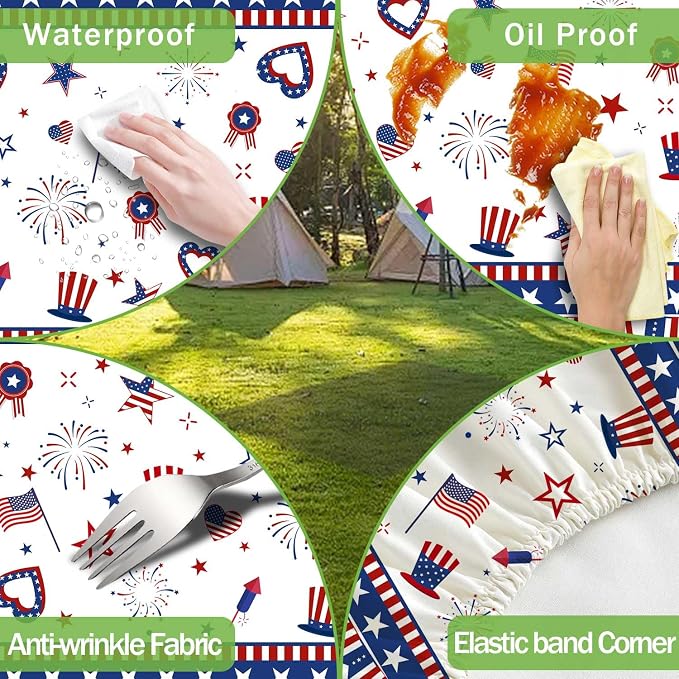 JAWO 4th of July Picnic Table Cover with Bench Covers Set of 3, Patriotic Red White Blue Star Heart American Flag Waterproof Foldable Fitted Picnic Tablecloth for Outdoor Patio BBQ Party, 30X96in