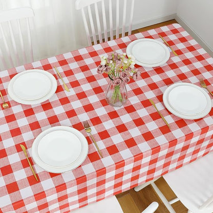 Romanstile Gingham Square Plastic Tablecloth, 100% Waterproof Oil-Proof Checkered PVC Table Cloth, Heavy Duty Vinyl Table Cover for Dining, Camping, Picnic, Outdoor - 54 x 54 Inch, Red and White