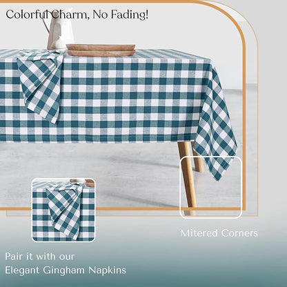 Gingham Tablecloth, 52x70 Inch, 100% Cotton, Classic Check Table Cover, Durable & Washable for Farmhouse Kitchen, Picnics, Dining Table, Everyday Use, Teal Green and White