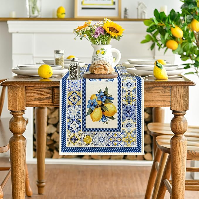 Artoid Mode Lemon Flowers Blue and White Porcelain 210 GSM Summer Table Runner, Seasonal Spring Kitchen Dining Table Decoration for Home Party Decor 13x36 Inch
