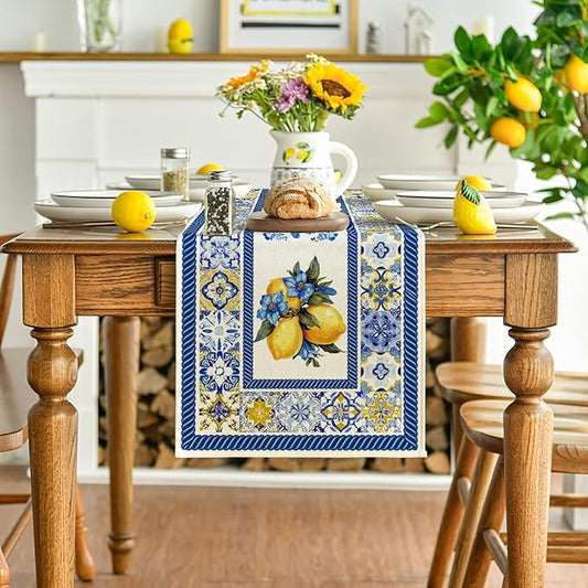 Artoid Mode Lemon Flowers Blue and White Porcelain 210 GSM Summer Table Runner, Seasonal Spring Kitchen Dining Table Decoration for Home Party Decor 13x72 Inch