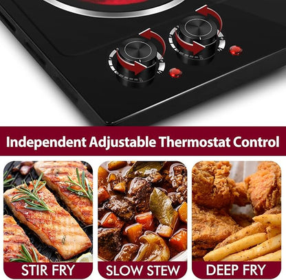 CUSIMAX Double Burner, 1800W Ceramic Electric Hot Plate for Cooking, Black | Countertop Infrared Burner with Dual Temperature Control, Heat-up in Seconds, Works with All Cookware, Stainless Steel