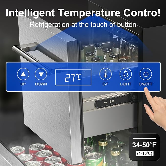 15 Inch Double Drawer Refrigerator,Under Counter Beverage Fridge for Indoor Outdoor Kitchen,3.39 Cu.Ft. Waterproof Silver&Black Stainless Steel Refrigerator