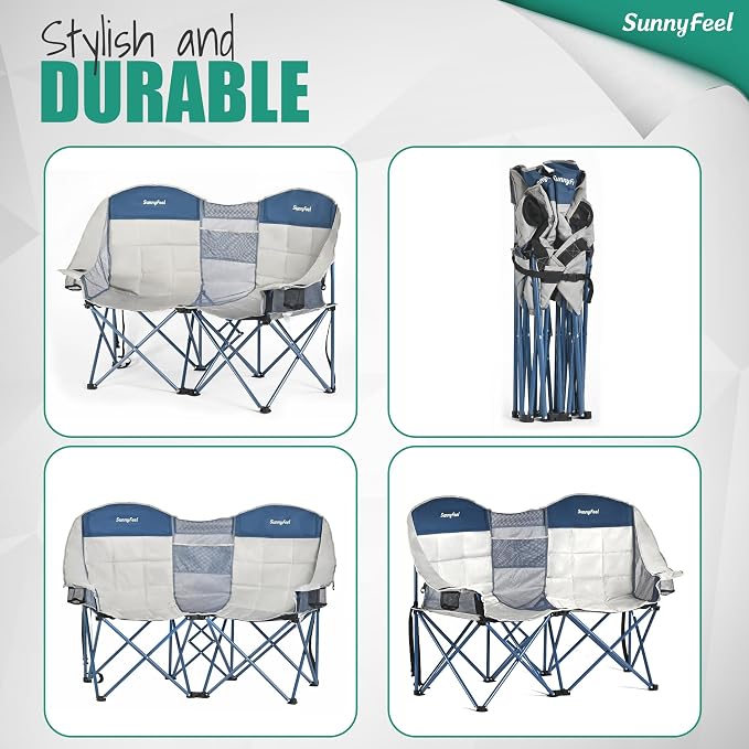SUNNYFEEL Double Camping Chair Oversized Loveseat for Adults | 600LBS Heavy Duty Padded Camping Couch with Cup Holder, Storage Pockets & Carry Bag for Patio RV/ Lawn/ Backyard