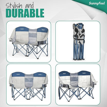 SUNNYFEEL Double Camping Chair Oversized Loveseat for Adults | 600LBS Heavy Duty Padded Camping Couch with Cup Holder, Storage Pockets & Carry Bag for Patio RV/ Lawn/ Backyard