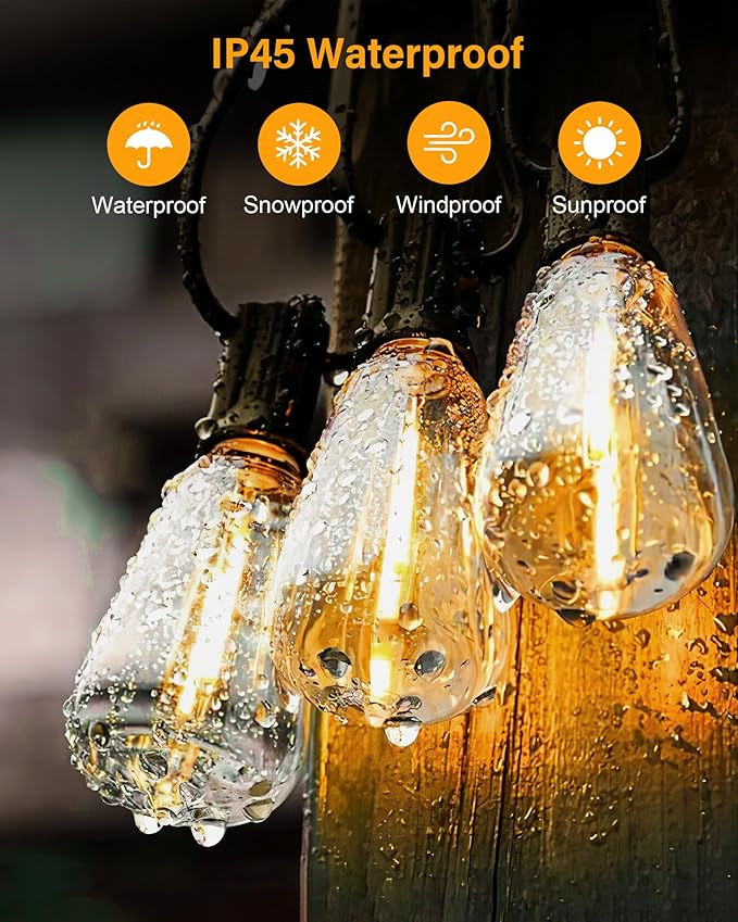 Doukedge Outdoor String Lights Waterproof, 50FT Patio Lights with 26 ST38 Edison Bulbs (1 Sqare), Outside Hanging Decorative Lights for Porch, Blacony, Blackyard, Bistro, Garden, 2700K