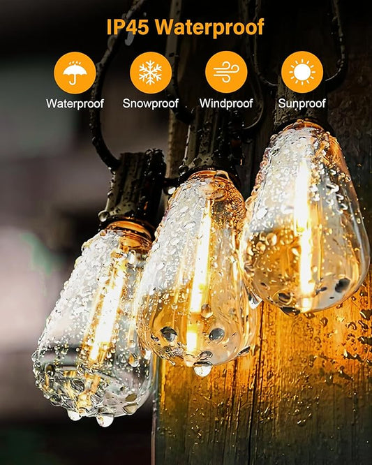 Doukedge Outdoor String Lights Waterproof, 50FT Patio Lights with 26 ST38 Edison Bulbs (1 Sqare), Outside Hanging Decorative Lights for Porch, Blacony, Blackyard, Bistro, Garden, 2700K