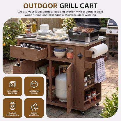 Outdoor Kitchen Island with Stainless Steel Top, Extendable Solid Wood Grill Cart on Wheels, Mobile BBQ Prep Table with Storage Cabinet and Spice Rack for Patio Backyard,