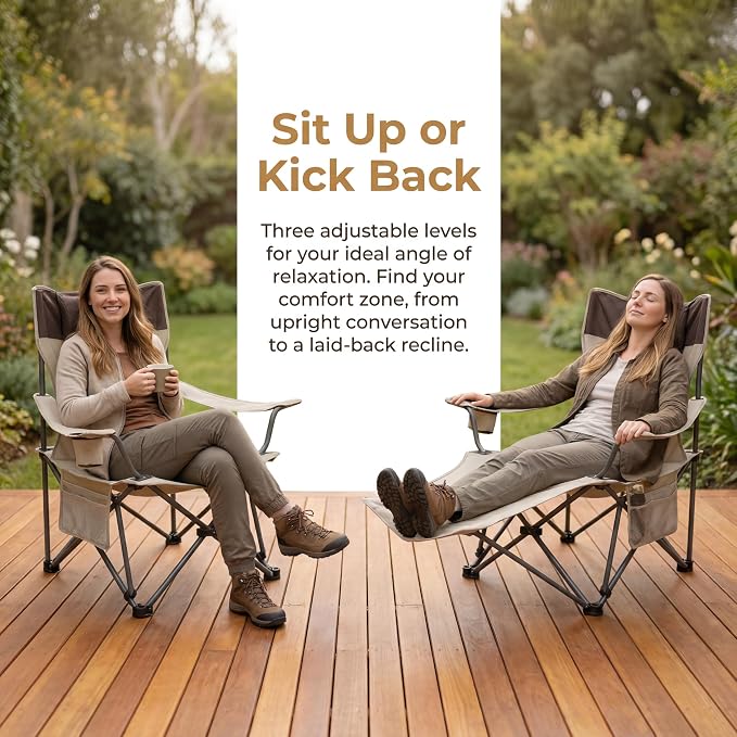 Adjustable Folding Beach Chair, Portable Camping Chair for Adults with Backrest, Reclining Outdoor Chair with Cup Holder & Pocket, Foldable Low Beach Chair for Camping, Picnic, Beige