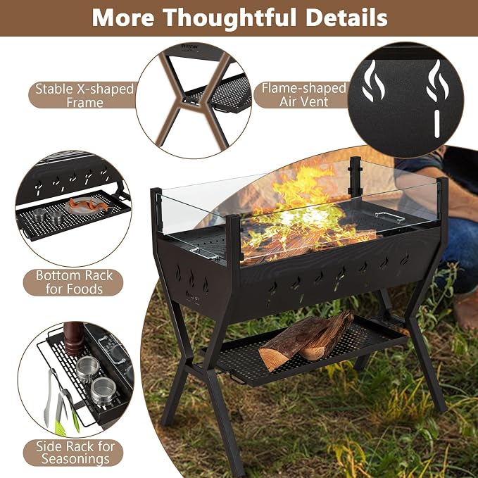 HAPPYGRILL Charcoal Grill with Glass Wind Guard & Seasoning Racks | Outdoor Barbecue Charcoal Grills with Storage Shelf, Warming and Cooking Grills, BBQ Grill Set for Camping Picnic Hiking