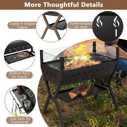 HAPPYGRILL Charcoal Grill with Glass Wind Guard & Seasoning Racks | Outdoor Barbecue Charcoal Grills with Storage Shelf, Warming and Cooking Grills, BBQ Grill Set for Camping Picnic Hiking