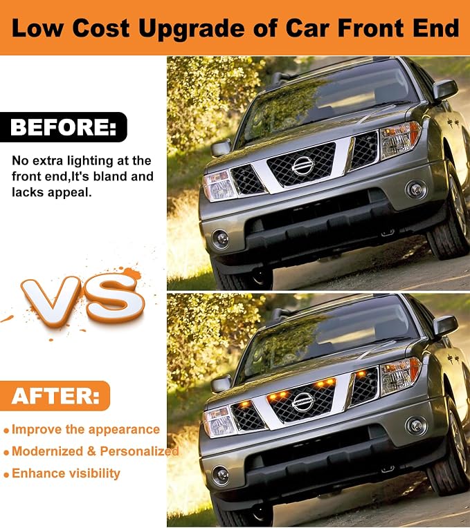 LED Grill Lights for Nissan Frontier & Pathfinder 2005-2008, 6PCS Amber | Factory Grille Slot Compatible; Clip-On Installation; IP68 Waterproof; Enhanced Night Visibility; Rugged Front-End Styling