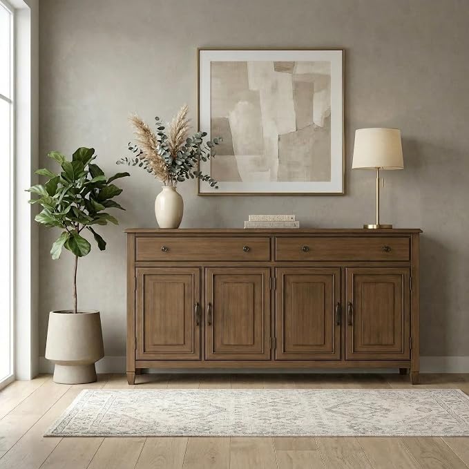 SIMPLIHOME Connaught 67" Sideboard in Rustic Natural Aged Brown | Traditional 4-door dining room buffet with 2 drawers and adjustable shelves for organized kitchen or living room storage.