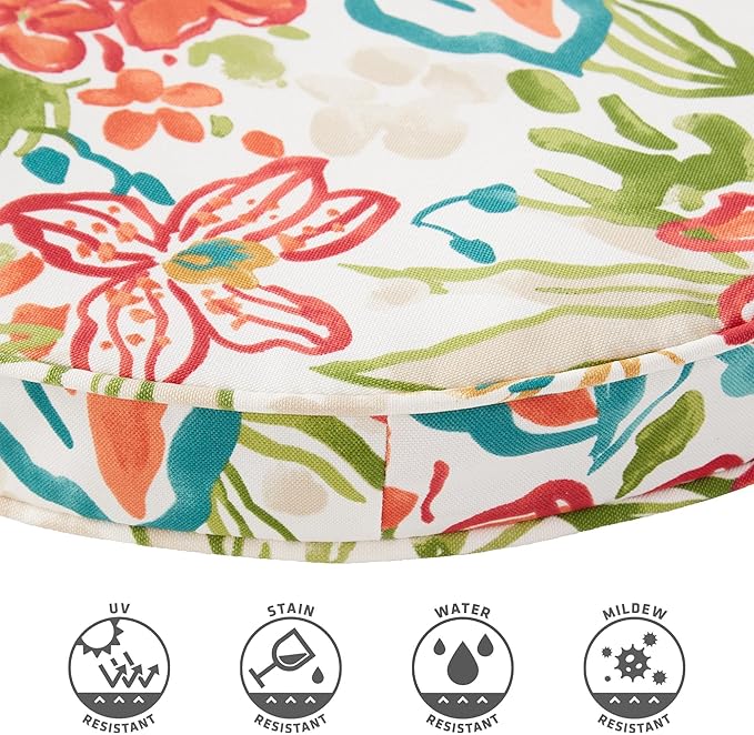 Set of 2 Outdoor 18 inch Round Patio Dining Chair Pads – Comfortable Fiber-Filled Seat Cushions with Ties, Reversible Polyester Fabric - Breeze Floral