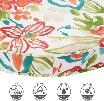 Set of 2 Outdoor 18 inch Round Patio Dining Chair Pads – Comfortable Fiber-Filled Seat Cushions with Ties, Reversible Polyester Fabric - Breeze Floral