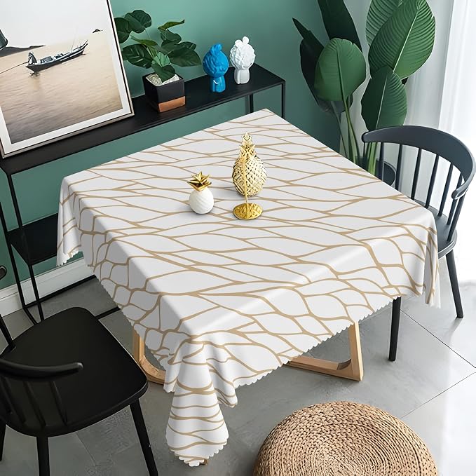 Brown and White Geometric Waterproof Square Tablecloth 60x60 Inch Abstract Irregular Stripes Square Tablecloths Dining Table Cloth Buffet Parties Patio Camping Chic Decor for Home Kitchen
