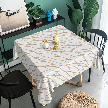 Brown and White Geometric Waterproof Square Tablecloth 60x60 Inch Abstract Irregular Stripes Square Tablecloths Dining Table Cloth Buffet Parties Patio Camping Chic Decor for Home Kitchen