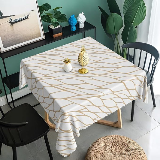 Brown and White Geometric Waterproof Square Tablecloth 60x60 Inch Abstract Irregular Stripes Square Tablecloths Dining Table Cloth Buffet Parties Patio Camping Chic Decor for Home Kitchen