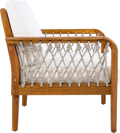 VilroCaz 4-Piece Acacia Wood Outdoor Patio Furniture Set with Loveseat, 2 Club Chair& Coffee Table, All-Weather Conversation Sofa Set with Rope Woven Armrests, Removable Cushions (Teak-N5)