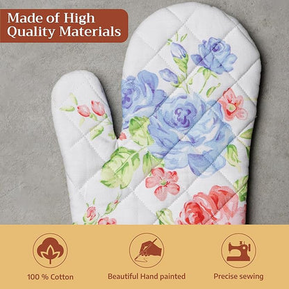 Maison d'Hermine Oven Gloves 100% Cotton Oven Mitt 7" x 13" with Loop Heat Resistant BBQ Cooking Gloves Baking Grilling Kitchen Hotel Home Farmhouse Spring Summer (Pack of 1, Vintage Floral)