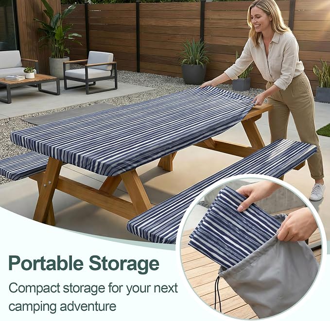 Picnic Table Cover Bench Covers Camping Essentials Tablecloth | Waterproof Vinyl for Outdoor, Windproof Elastic Fitted Edges, RV BBQ Accessories Must Haves, Storage Bag Included