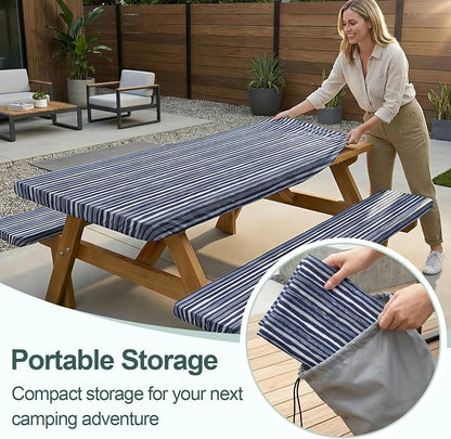 Picnic Table Cover Bench Covers Camping Essentials Tablecloth | Waterproof Vinyl for Outdoor, Windproof Elastic Fitted Edges, RV BBQ Accessories Must Haves, Storage Bag Included