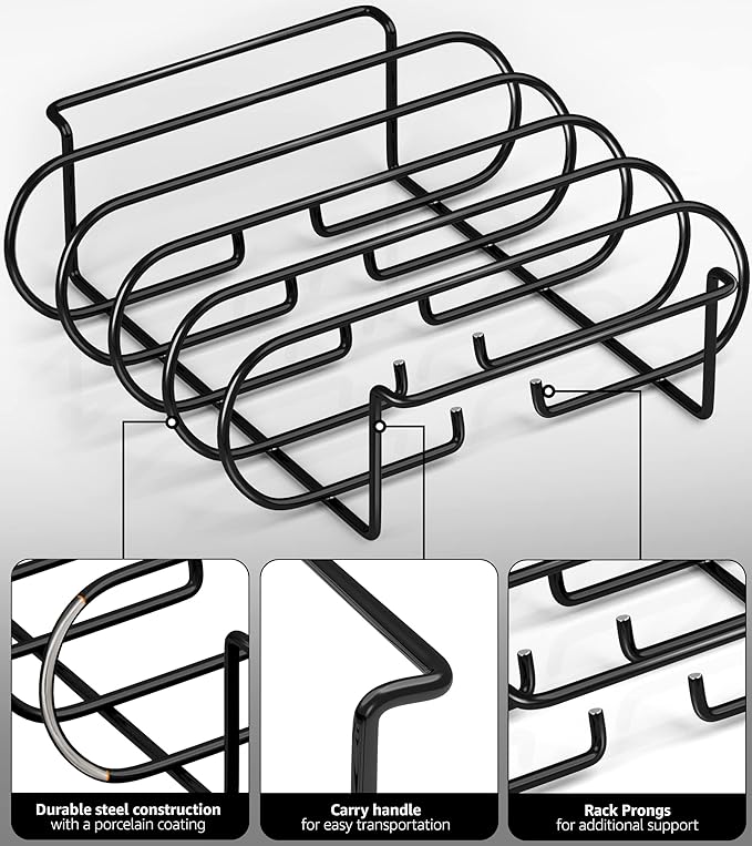 Sorbus® Non-Stick Rib Rack - Porcelain Coated Steel Roasting Stand – Holds 4 Rib Racks for Grilling & Barbecuing - Perfect BBQ Accessories for Smoker and Grill - Durable and Convenient Design (Black)
