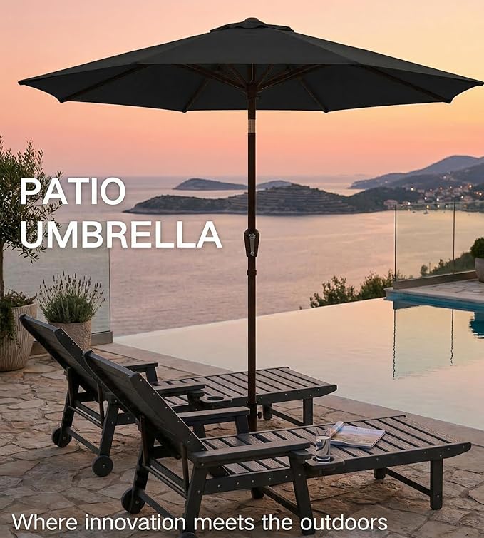 PatioKingdom 9FT Patio Outdoor Umbrella-UPF 50+ Sun Shade with Wind Vent, Push-Button Tilt & Smooth Crank Lift, Rust-Resistant Fiberglass Frame for Garden, Backyard,Yard (Black)
