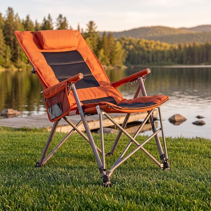 Adjustable Folding Beach Chair, Portable Camping Chair for Adults with Footrest, Reclining Outdoor Chair with Cup Holder & Pocket, Foldable Low Beach Chair for Camping, Picnic, Travel, Orange