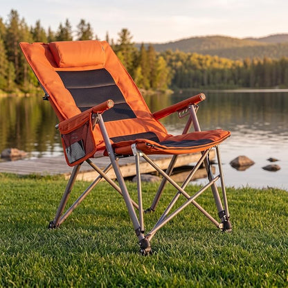 Adjustable Folding Beach Chair, Portable Camping Chair for Adults with Footrest, Reclining Outdoor Chair with Cup Holder & Pocket, Foldable Low Beach Chair for Camping, Picnic, Travel, Orange