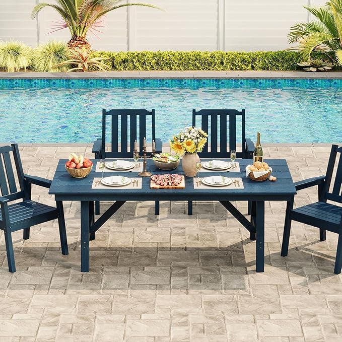 GarveeLife 5-Piece Outdoor Dining Set for Patio 4 People, HDPE All Weather Furniture Table Set with Large Table Umbrella Hole, Modern Outdoor Dining Chairs Armrest for Backyard Garden Deck（Navy Blue）