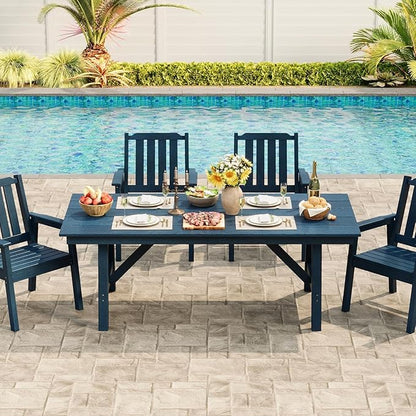 GarveeLife 5-Piece Outdoor Dining Set for Patio 4 People, HDPE All Weather Furniture Table Set with Large Table Umbrella Hole, Modern Outdoor Dining Chairs Armrest for Backyard Garden Deck（Navy Blue）