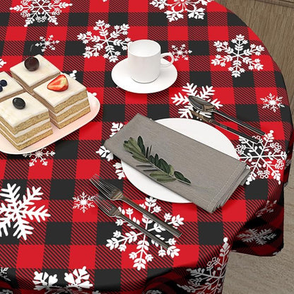 Sweetshow Christmas Round Tablecloth 60 Inch Red Black Buffalo Plaid Tablecloth Waterproof Polyester Xmas Winter Snowflake Table Cloth Table Cover for Kitchen Dining Room Picnic Patio Party