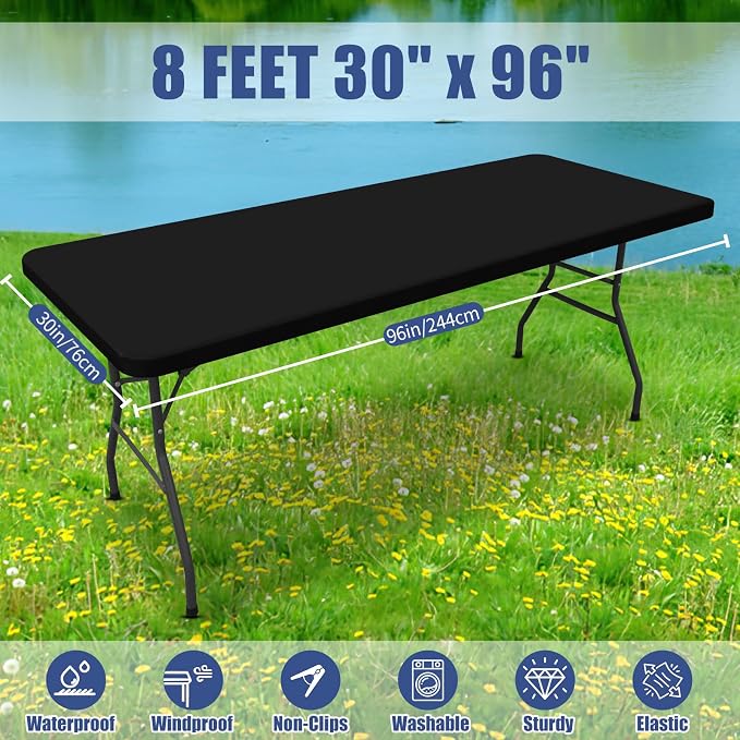 Moosfor Spandex 8 Foot Rectangle Table Cloth, Elastic Fitted Tablecloths for Picnic, Stretch Washable Patio Table Cover for Outdoor, Camping, Banquet and Parties (Black, 30"x96")