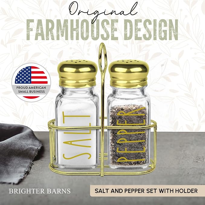 Luxury Glass Salt and Pepper Shakers Set with Holder by Brighter Barns - Gold Dining Room Decor, Farmhouse Kitchen Accessories - Glass Salt Shaker with Caddy for Restaurants, Hotel, Gifts (Clear/Gold)