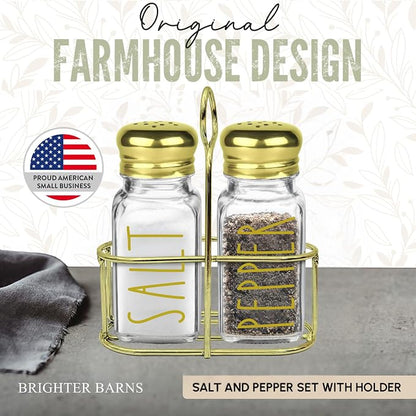Luxury Glass Salt and Pepper Shakers Set with Holder by Brighter Barns - Gold Dining Room Decor, Farmhouse Kitchen Accessories - Glass Salt Shaker with Caddy for Restaurants, Hotel, Gifts (Clear/Gold)
