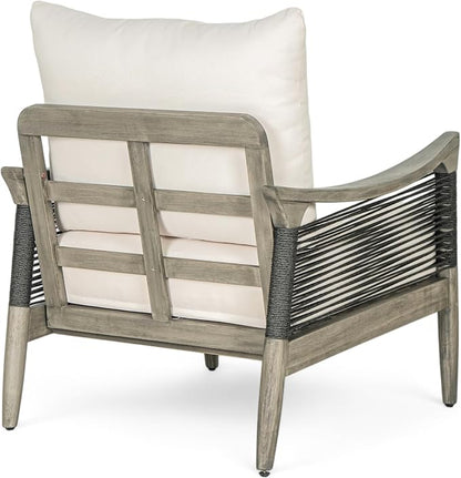 Christopher Knight Home Havets Patio Acacia Wood Club Chair with Woven Rope, Comfortable Outdoor Armchair, Water-Repellent Thick Cushion Deep Seating for Porch, Garden, Backyard, Balcony, Gray+Beige