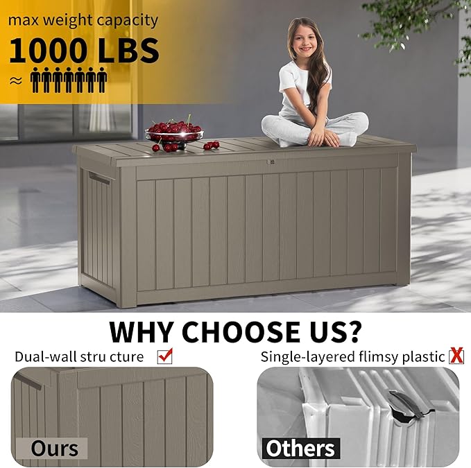 270 Gallon Resin Large Deck Box Organization and Storage Box for Patio, Outdoor Cushions, Garden Tools, Gray