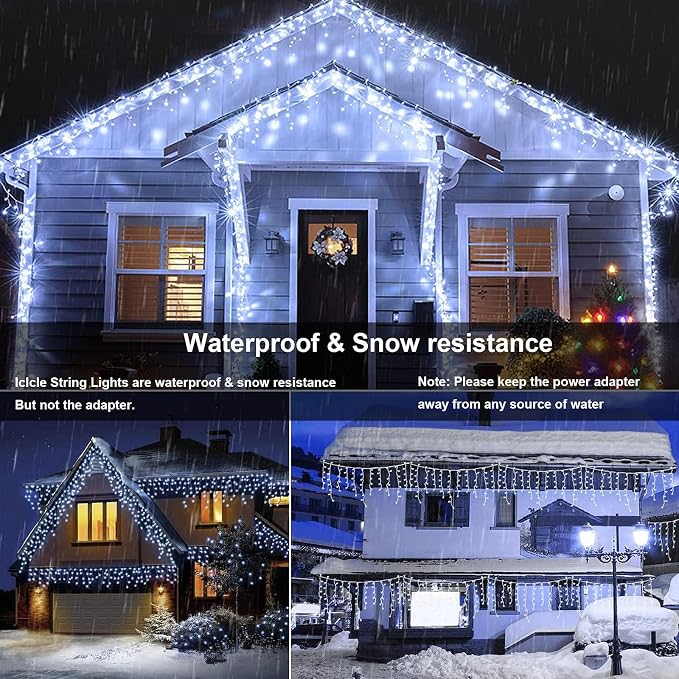 Joomer 33FT Christmas Icicle Lights Outdoor Connectable White | 50 Drops 8 Modes Timer Waterproof Plug-in String Light for Christmas Party, holiday Eaves Roof yard Xmas Decorations