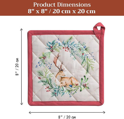 Maison d' Hermine Pot Holders 100% Cotton Potholders (8" x 8", Pack of 2) | Heat Resistant Hot Pads with Loop BBQ Cooking Baking Hotel Kitchen Handling Hot Pans Thanksgiving Christmas - Holly Time