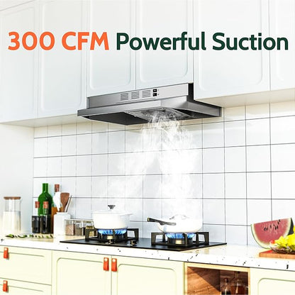 FIREGAS 24 inch Range Hood Under Cabinet, 300CFM Ducted/Ductless Convertible Kithen Hood in Stainless Steel with 2 watt LED Light and Filter, 2 fan speeds, hassle-free installation