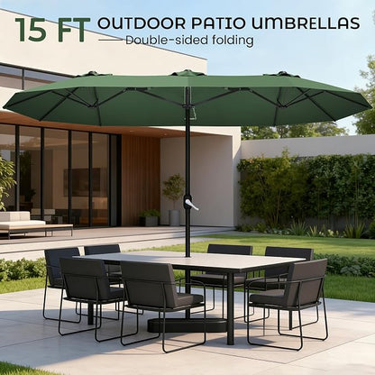 DomeShade 15ft Large Patio Umbrella with Base Included, Outdoor Double-Sided Rectangular Market Umbrella with Crank Handle,Heavy Duty Extra Large Outside Umbrella for Backyard,Pool,Deck,Lawn,Green
