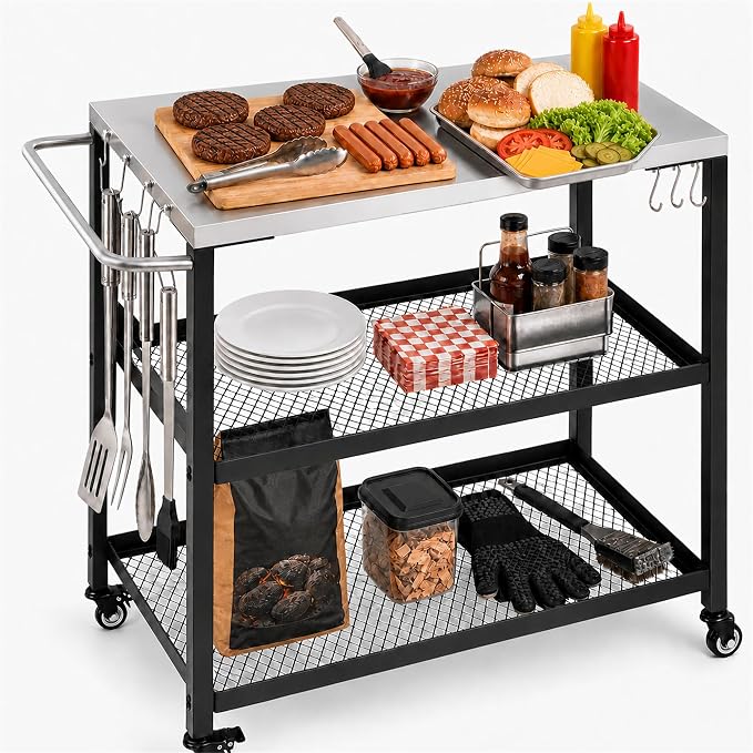 Grill Table with Stainless Steel Top, 28.54 x 16.14 in | Outdoor Grill Cart with Wheels, 2-Tier Mesh Storage, 200 lb Worktop, Tool Hooks, For Home Grillers, Patio Backyard BBQ