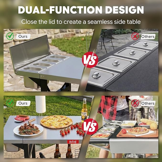 Feasto Outdoor Pizza Prep Cart with Topping Station & Stainless Steel Top | Integrated Pizza Topping Station with Lid, Food-Grade Prep Tabletop, Lockable Wheels (2x1.5L+2x0.9L Containers Included)