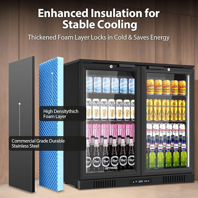 ORYMUSE 36 Inch Commercial Back Bar Cooler with 2 Glass Doors, 7.2 Cu.Ft Under Counter Beverage Refrigerator with Safety Lock and LED Light for Bar, Restaurant and Home, Black