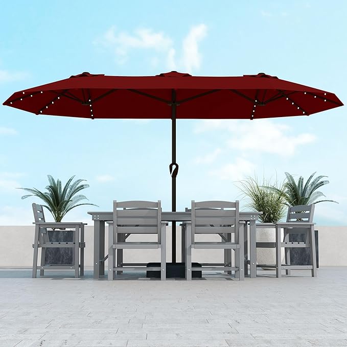 Kingdura 15ft Large Patio Umbrella with Solar Lights, Double-Sided Rectangle Outdoor Table Umbrella with Base Included, 12 Reinforced Ribs, 48 Led Lights, Crank Lift for Market Pool Deck, Dark red