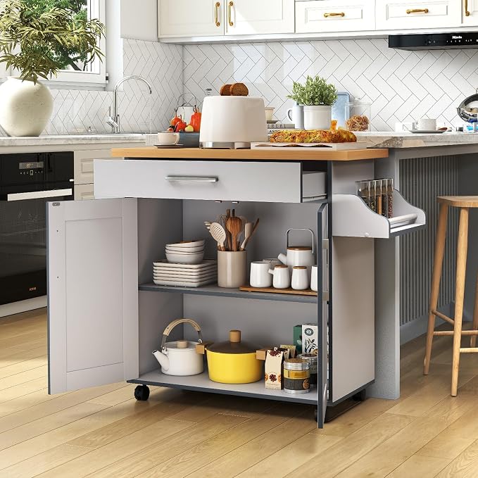 COSTWAY Kitchen Island On Wheels, Rolling Storage Trolley Cart | with Large Cabinet, Drawer, Spice Rack and Towel Rack, Kitchen Serving Utility, 3-Position Adjustable Shelf (Grey)
