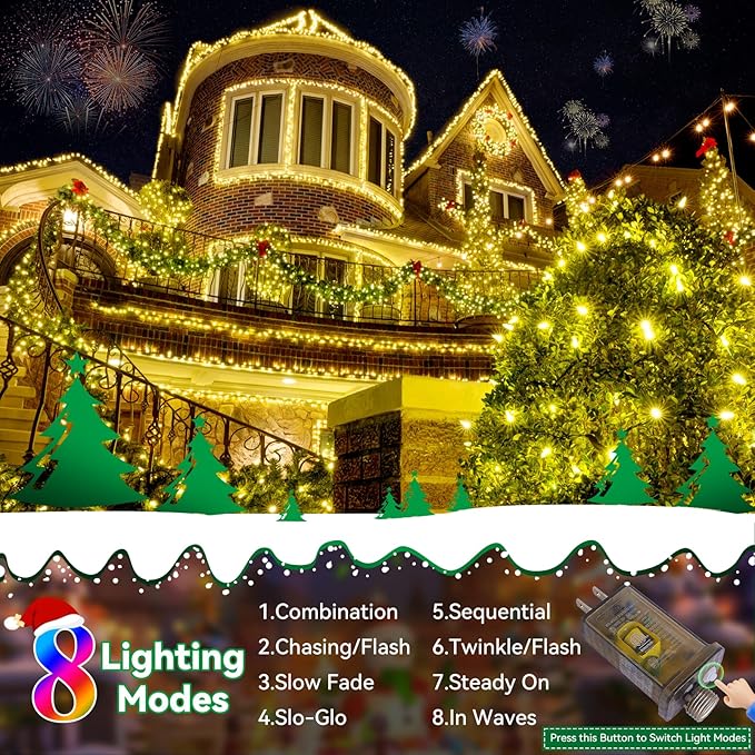 Christmas Lights Outdoor, 522FT 1300 LED String Lights with 8 Lighting Modes, Timer Memory Twinkle Fairy Lights Waterproof Plug in for Xmas Tree Wedding Party Holiday Decor(Warm White)
