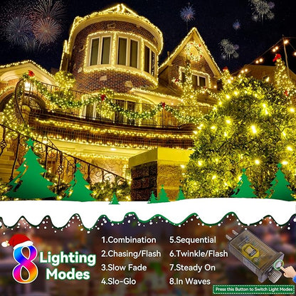 Christmas Lights Outdoor, 522FT 1300 LED String Lights with 8 Lighting Modes, Timer Memory Twinkle Fairy Lights Waterproof Plug in for Xmas Tree Wedding Party Holiday Decor(Warm White)