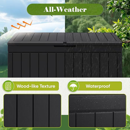 Flamaker Outdoor Storage Box 80 Gallon Resin Waterproof Deck Box Delivery Box with Wood Texture Large Storage Bin for Patio Cushions (Black)